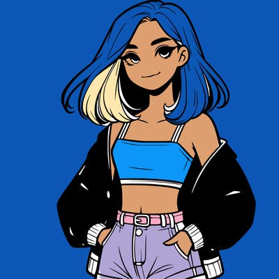 a realistic girl with a crop top and short shorts in an open jacket
