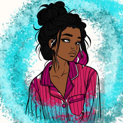 realistic woman with pajamas on and a messy bun