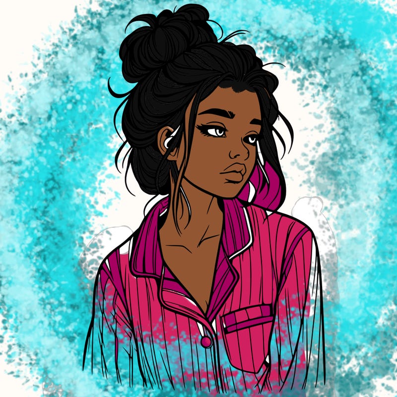 realistic woman with pajamas on and a messy bun