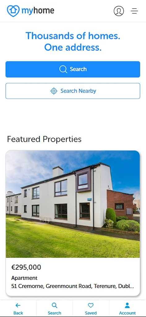MyHome.ie app home screen with property search buttons and a featured apartment in Dublin