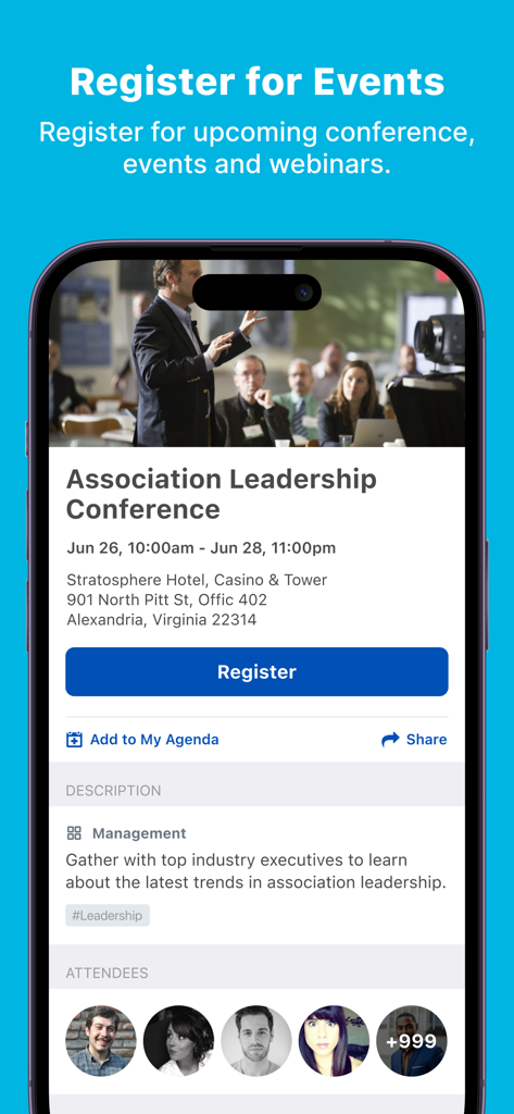 ICPC - ICPC mobile app screen showing event registration details for an Association Leadership Conference