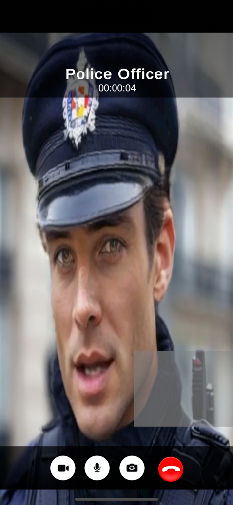Fake Police Video Call - Smartphone screen showing a realistic fake video call with a police officer