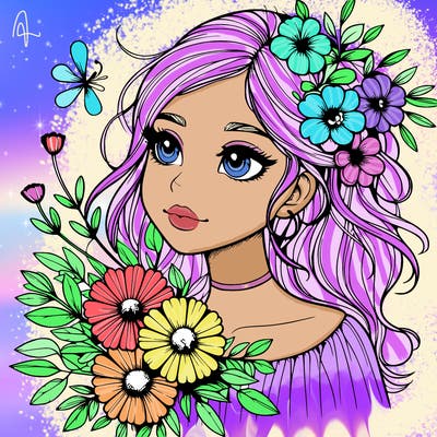 realistic girl with flowers