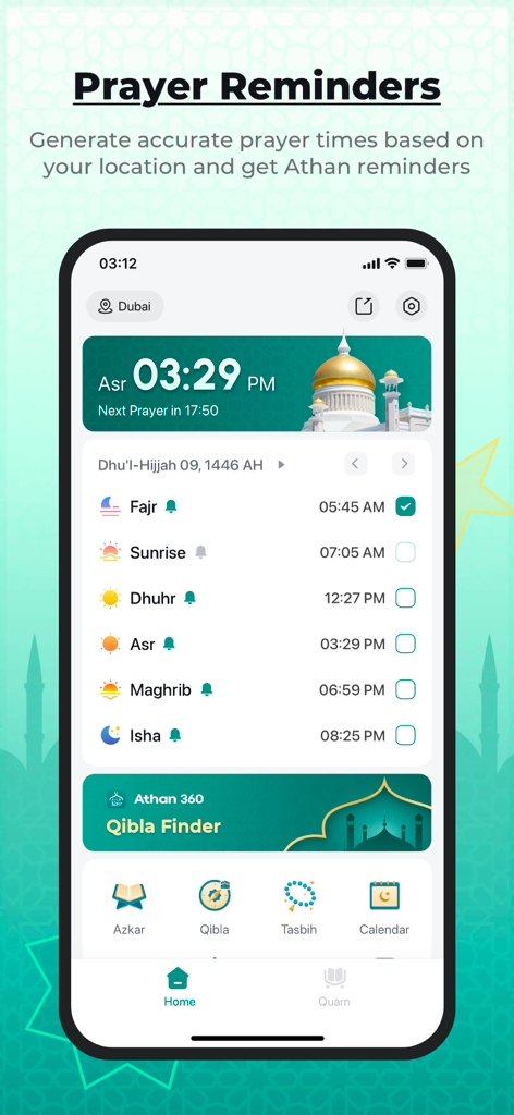 Athan 360: Prayer Times - Athan 360 app dashboard displaying daily prayer times and Islamic spiritual tools.