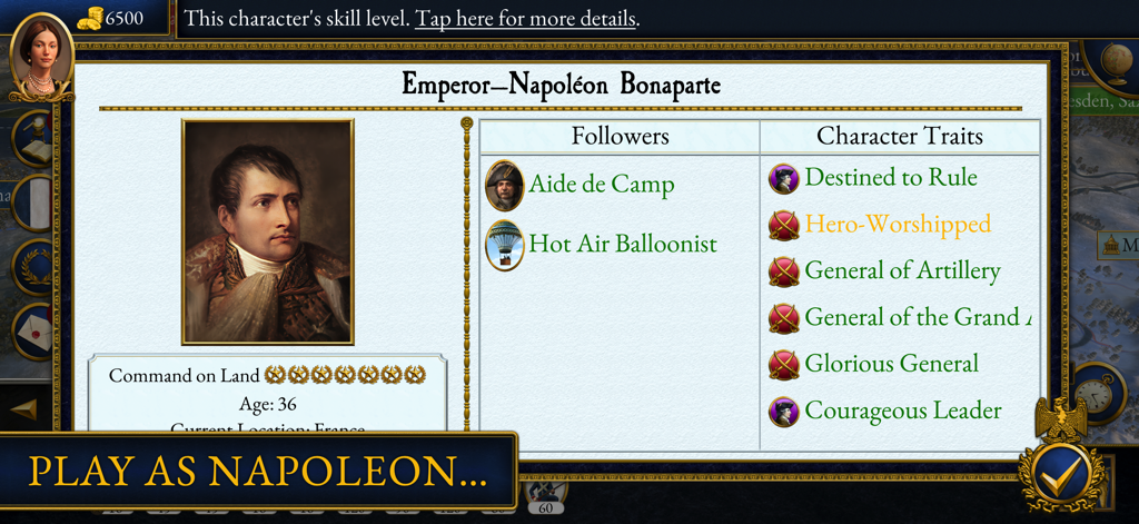 Character profile screen for Emperor Napoleon Bonaparte in Total War showing his portrait followers and leadership traits.