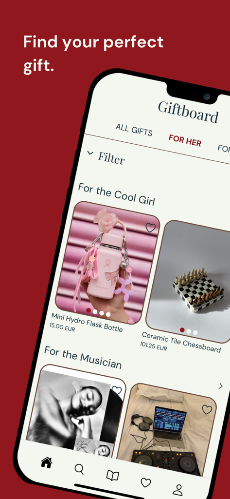 GiftBoard - GiftBoard app interface displaying curated gift categories and personalized recommendations for different personality types