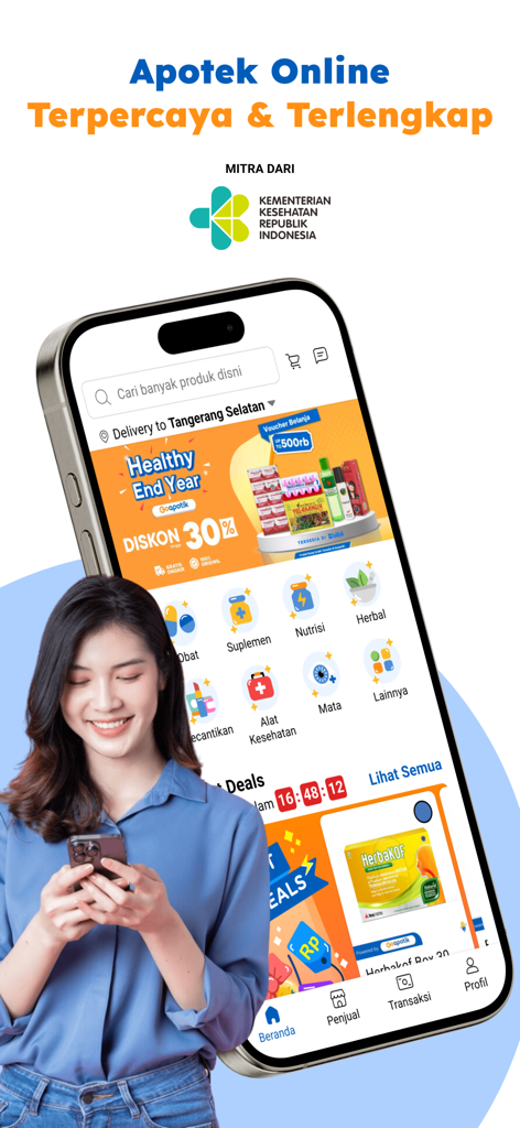 GoApotik: #ApotikTapiOnline - GoApotik online pharmacy app home screen showing health product categories and Indonesian ministry certification