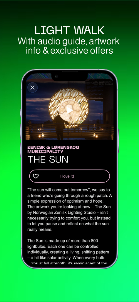 Amsterdam Light Festival - Amsterdam Light Festival app interface displaying details and an audio guide description for the artwork titled The Sun