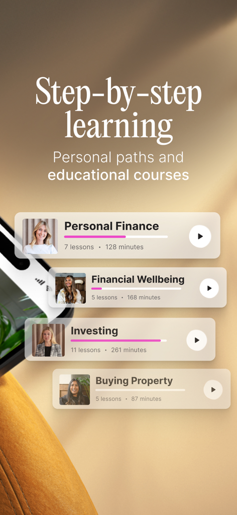 Female Invest - Screenshot dell'app Female Invest che mostra corsi educativi per la finanza personale e gli investimenti