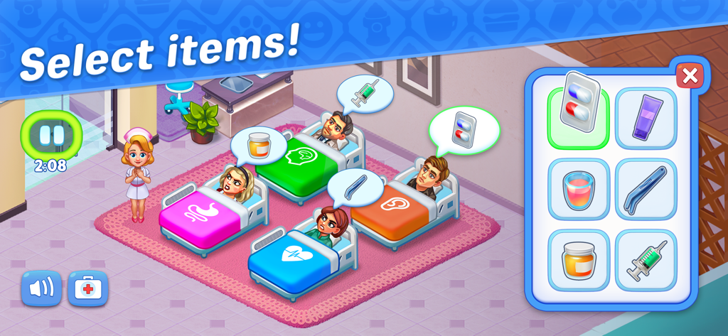 Rescue Dash gameplay showing a hospital scene where players must select medical items to treat patients in beds.