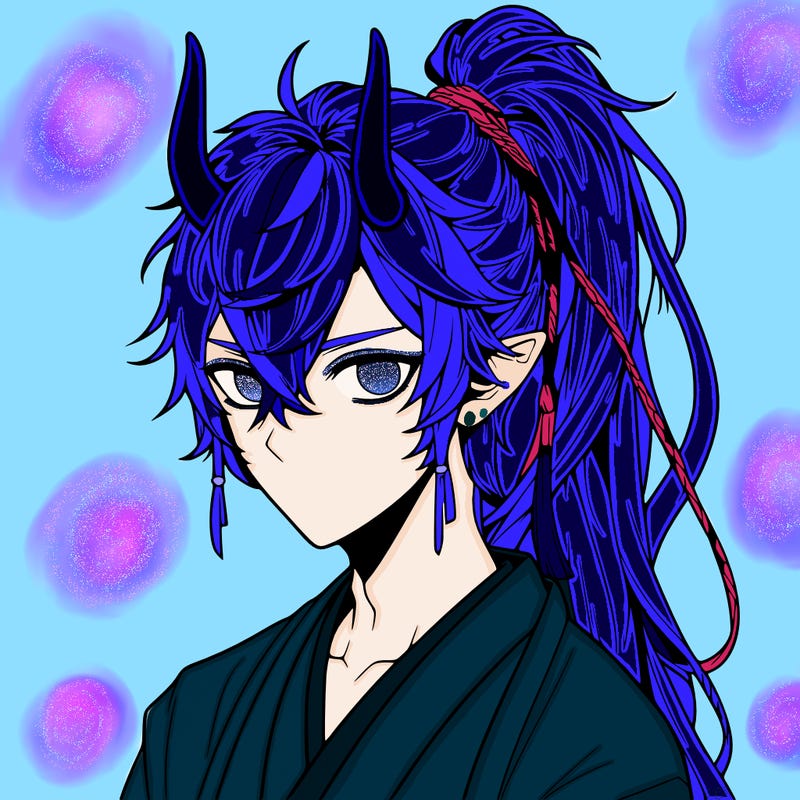 realistic anime boy with horns and long messy hair in ponytail
