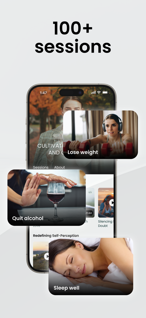 Interface de l'application Hypnozio montrant diverses séances d'hypnothérapie pour la perte de poids, le sommeil et l'arrêt de l'alcool.