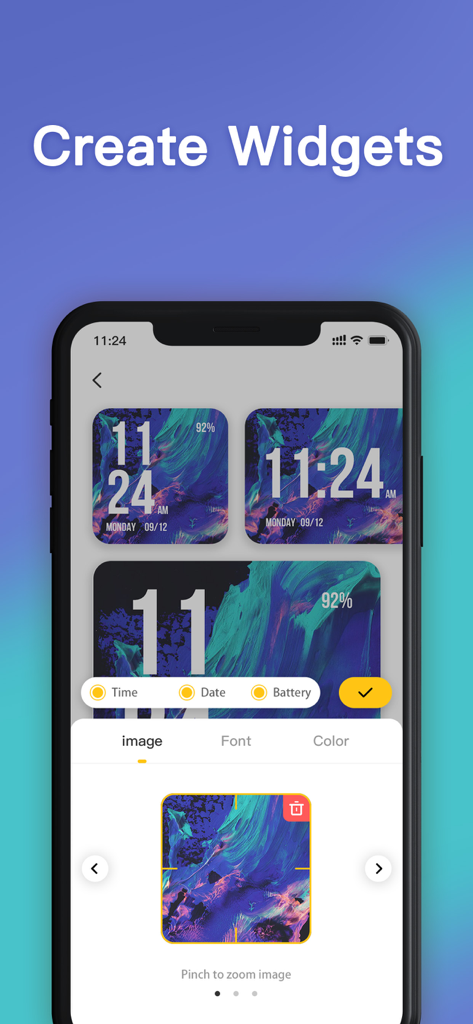 Interfaz de la aplicación Widgets Maker que muestra cómo crear widgets personalizados para iOS con imágenes y fuentes personalizadas