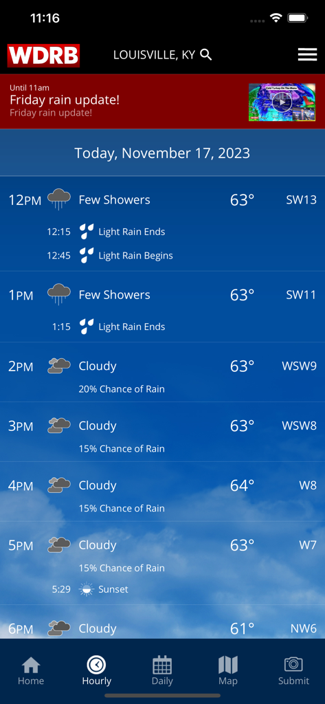 Hourly weather forecast in the WDRB Weather app for Louisville Kentucky.