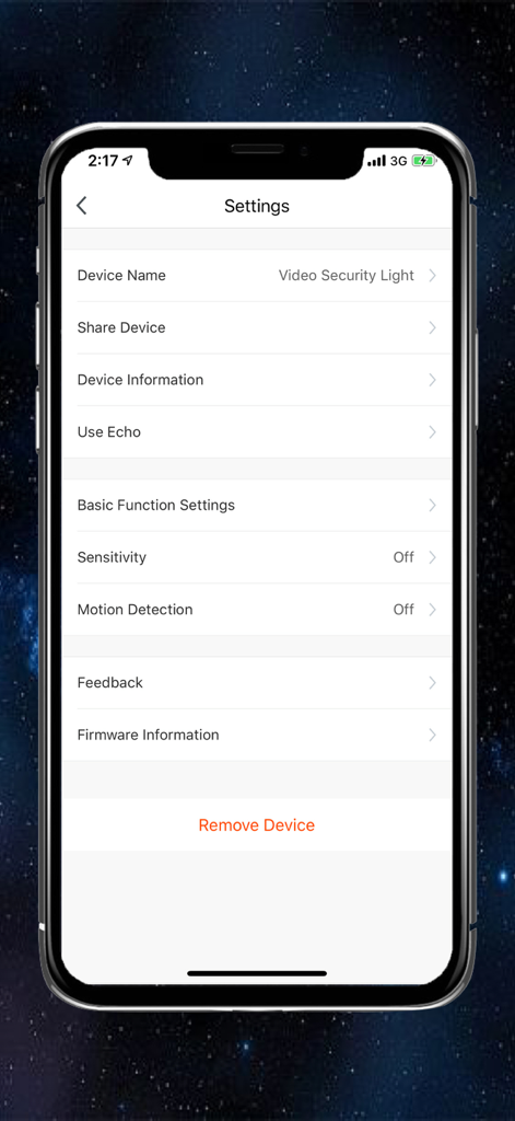 The settings menu for a Video Security Light within the SECŪR360 app on an iPhone showing motion detection and smart home integration options.