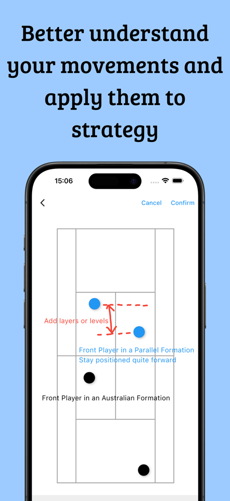 Tennis Memo - プレーヤーの位置決めと、パラレルフォーメーションとオーストラリアンフォーメーションの戦略メモを含むテニスコートの図を表示するテニスノートアプリのスクリーンショット。