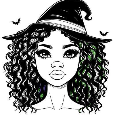 realistic black girl with wavy hair and witch hat and nose and lips