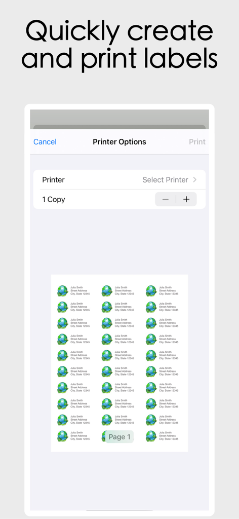 프린터 옵션과 맞춤형 주소 라벨의 미리보기 시트를 보여주는 우편 라벨 디자이너 앱의 인터페이스