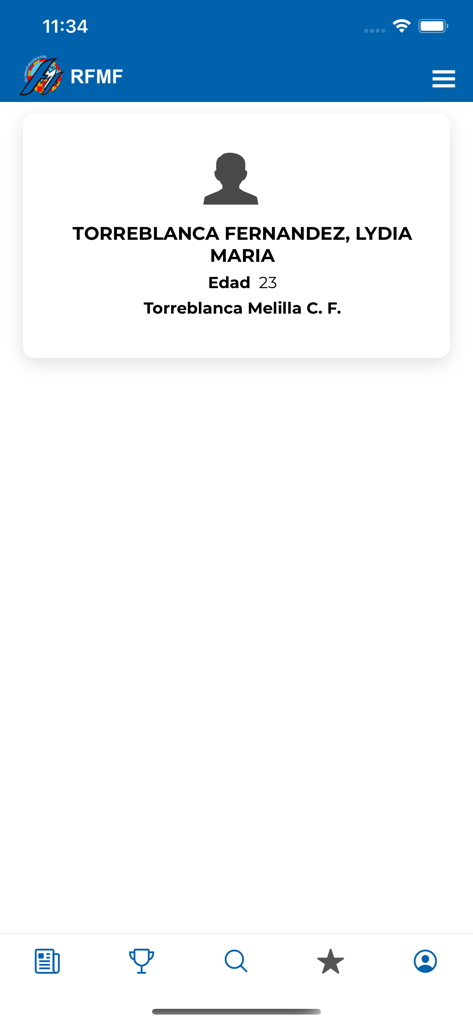 Página de perfil de usuario en la aplicación RFMF que muestra detalles del jugador de fútbol Lydia Maria Torreblanca Fernandez