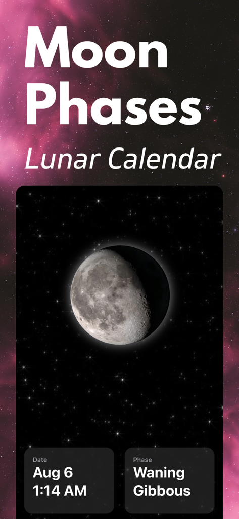 Moon Phases+ - A mobile app screen for Moon Phases plus displaying a detailed waning gibbous moon with date and phase information against a starry background