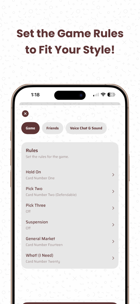 Whotnite - Play Whot Online - Whotnite app interface for setting custom game rules and social preferences