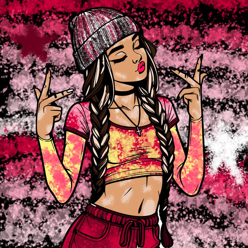 realistic teenage girl with braids and a beanie and crop top doing 🫶🏼
