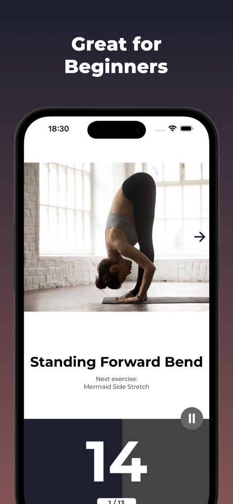 Increase Height Workout - 身長を伸ばすワークアウトアプリの初心者向けのスタンディングフォワードベンドエクササイズを表示するスマートフォンの画面