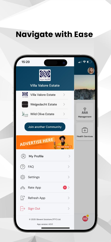 GLOCMS Community - Interface of the GLOCMS Community app menu showing community selection and account settings