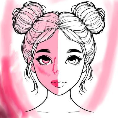 realistic girl with two buns on top of her head