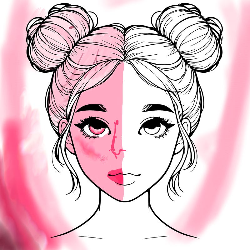 realistic girl with two buns on top of her head