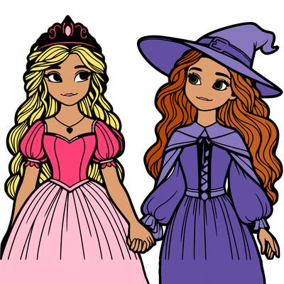 a princess and a witch holding hands realistic