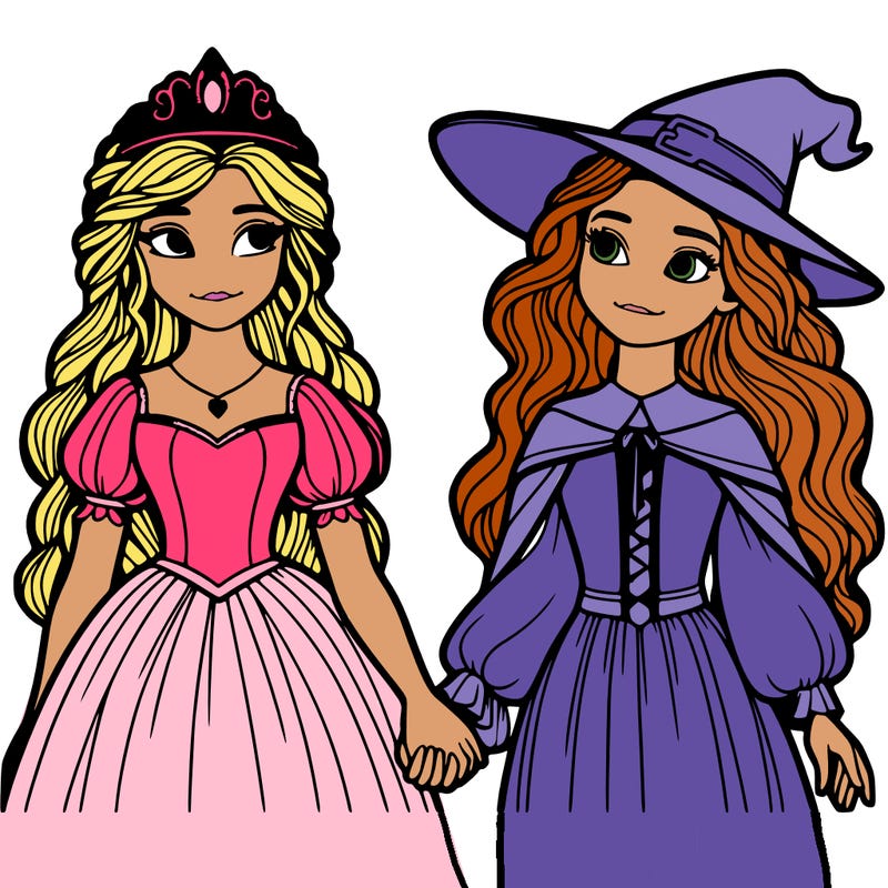 a princess and a witch holding hands realistic