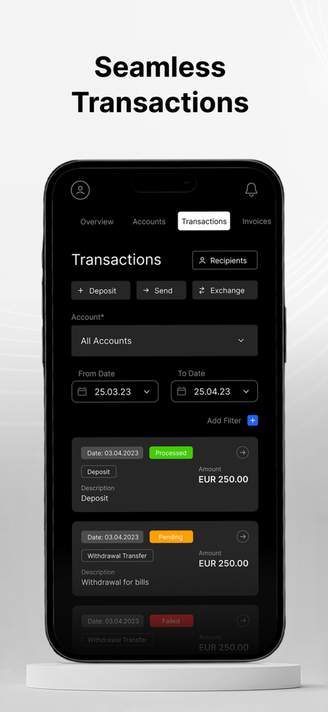 Transaktionsverlauf der The Kingdom Bank App mit Zahlungsstatus und Multi-Währungs-Optionen