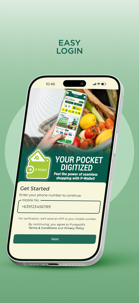 Login screen of the Puregold Mobile app showing phone number input and P-Wallet digitized pocket feature