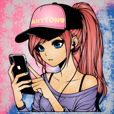 realistic girl with a long ponytail and trucker hat holding an iphone