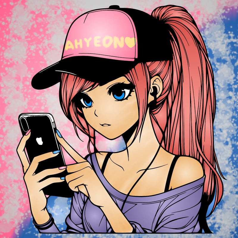 realistic girl with a long ponytail and trucker hat holding an iphone