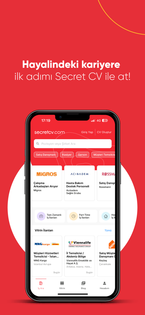 Secretcv - İş İlanı Ara & Bul - An iPhone displaying the Secretcv job search application interface featuring listings from various Turkish companies on a red background.