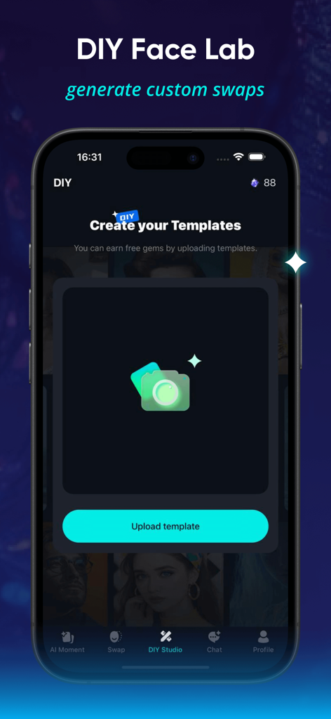 iSwapX - iSwapX app screenshot showing the DIY Face Lab and template upload feature