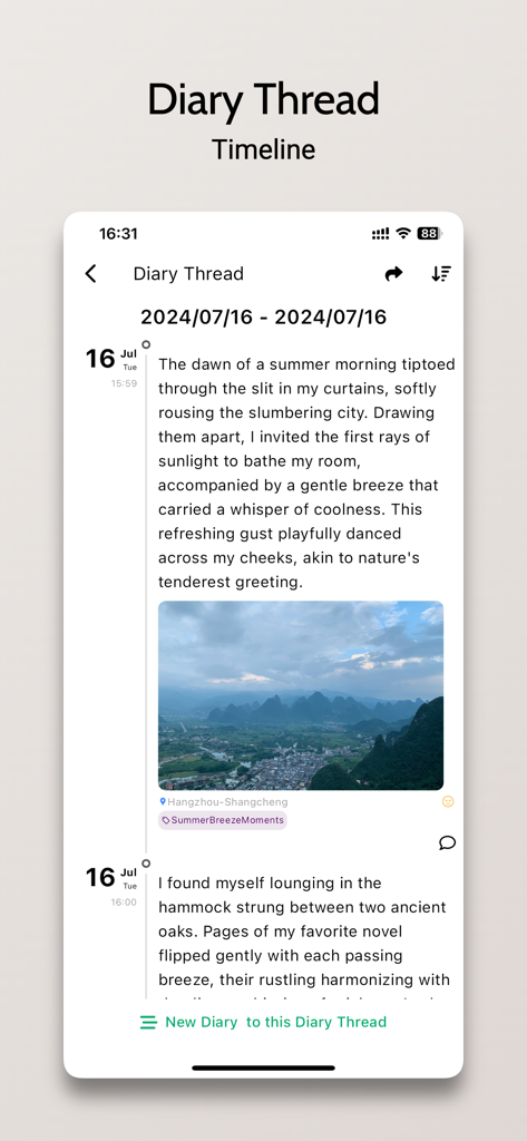Lifelog Note - Interfaz de aplicación móvil que muestra una línea de tiempo de diario cronológica con una foto y una entrada de diario personal.