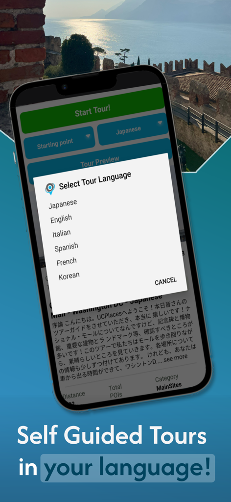 UCPlaces | Your tour guide app - UCPlaces App-Bildschirm zeigt Sprachoptionen für selbstgeführte Touren an.