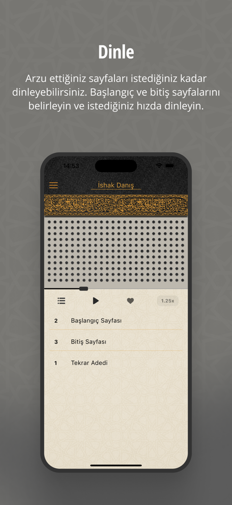 Kur'an - Una interfaz móvil de la aplicación Kur'an que muestra el reproductor de audio para escuchar recitaciones del Corán con configuraciones de reproducción personalizables.