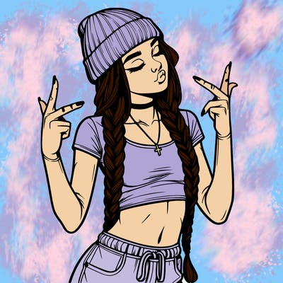 realistic teenage girl with braids and a beanie and crop top doing 🫶🏼