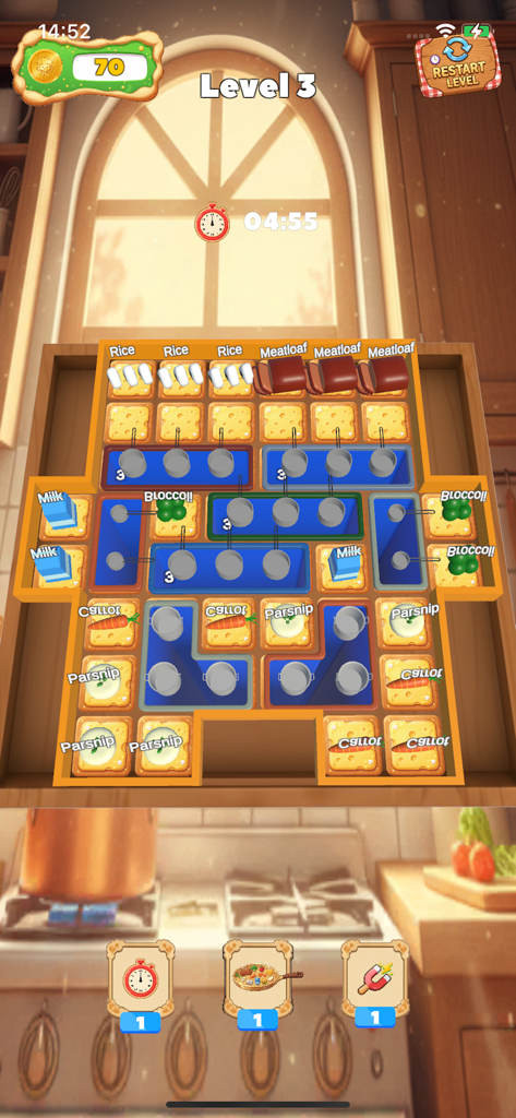 Captura de pantalla de la jugabilidad de Dairy Insight match mostrando el puzle de clasificación de alimentos con temática de cocina