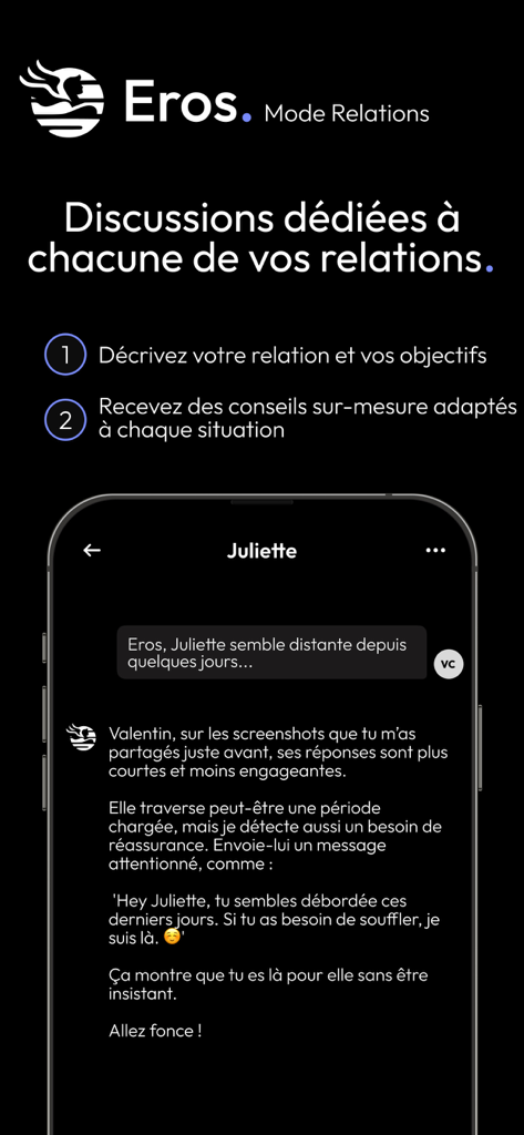 Eros AI app screen showing relationship coaching and personalized text message suggestions for a conversation.