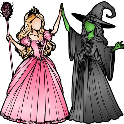 detailed realistic split of a princess and a witch