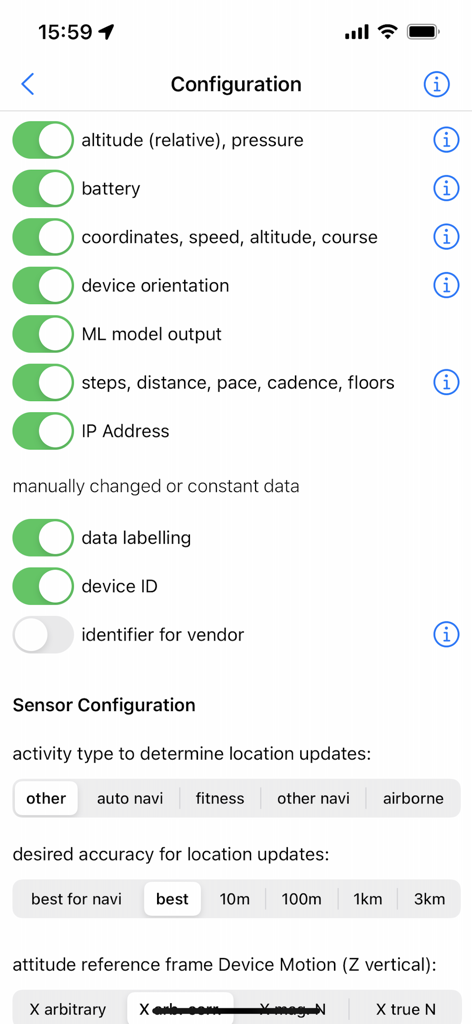 SensorLog - SensorLog app configuration screen with toggles for sensor data collection including altitude, battery, coordinates, and ML model output