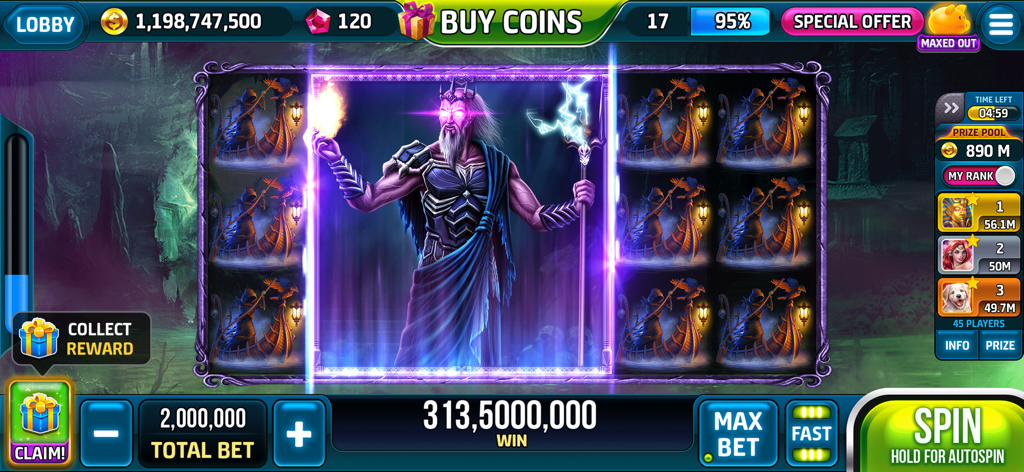 Juego de Lightning Slots Cash Casino con un mago de fantasía y una gran ganancia de monedas