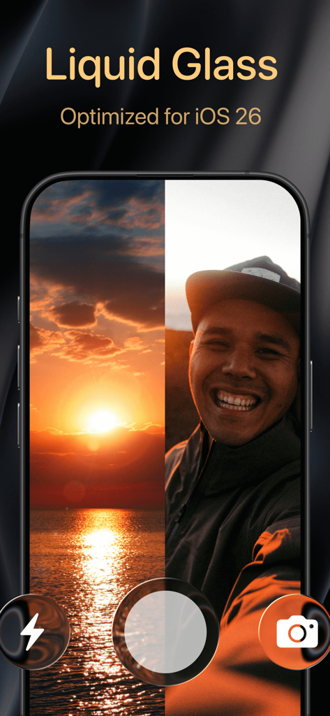 2Camera Dual Camera Front Back - Una vista a schermo diviso della fotocamera che mostra un tramonto e un uomo sorridente che utilizza l'app 2Camera per iOS 26