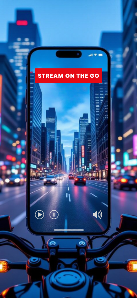 Smart IPTV Pro+ M3U Player - iPhone montado en una motocicleta mostrando una transmisión de video con el texto Transmitir sobre la marcha