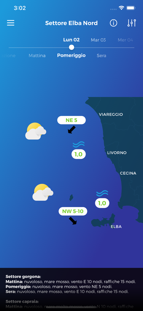 Pronóstico meteorológico marino para el sector de Elba Norte en la Toscana en la app LaMMA Meteo que muestra datos de viento y olas.